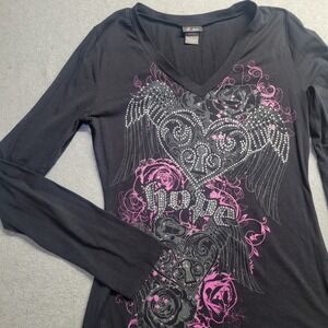 DOTS Y2K Rhinestone Top Size L Black V Neck Long Sleeve Grunge Bling Pink